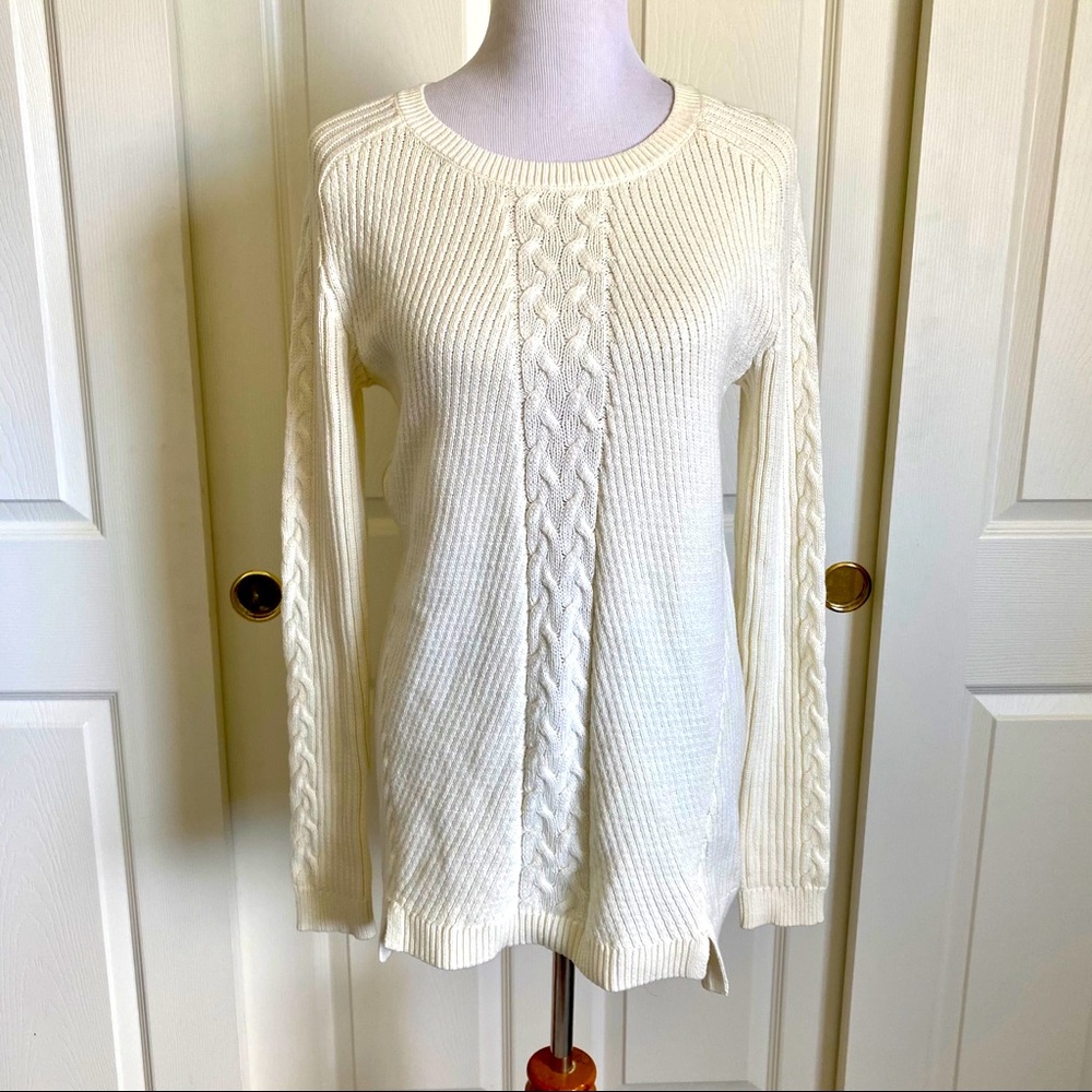 Nautica Cable Knit Fisherman Tunic Sweater‎ Womens Size Large Ivory Cotton Prep